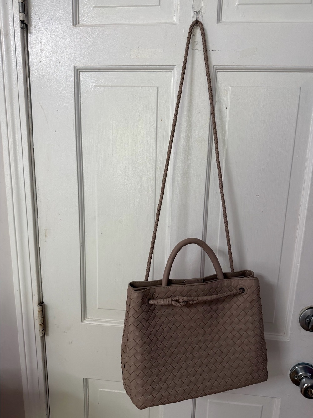 Quince Taupe Woven Leather Tote with Braided Straps - Picture 2 of 12